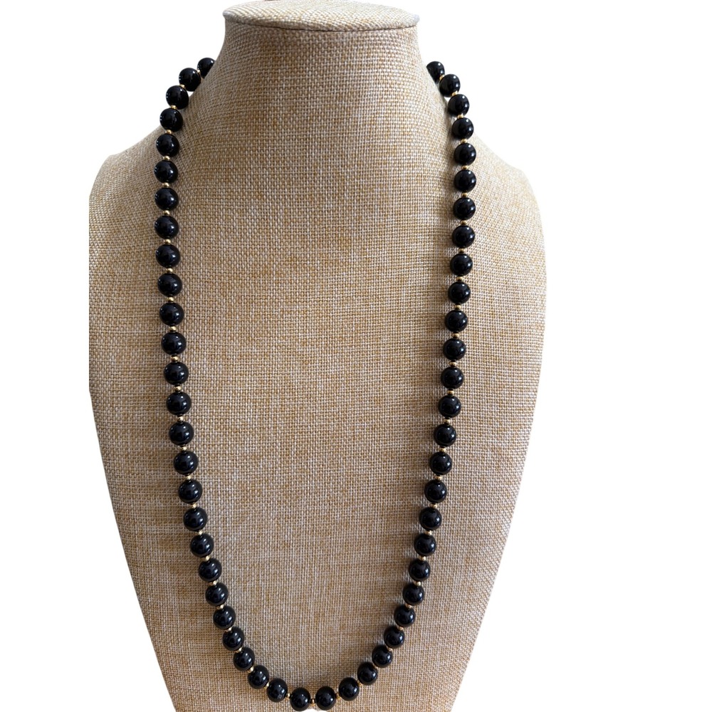 Vintage Black Round Bead Necklace Gold Tone Spacers Lobster Clasp Layering